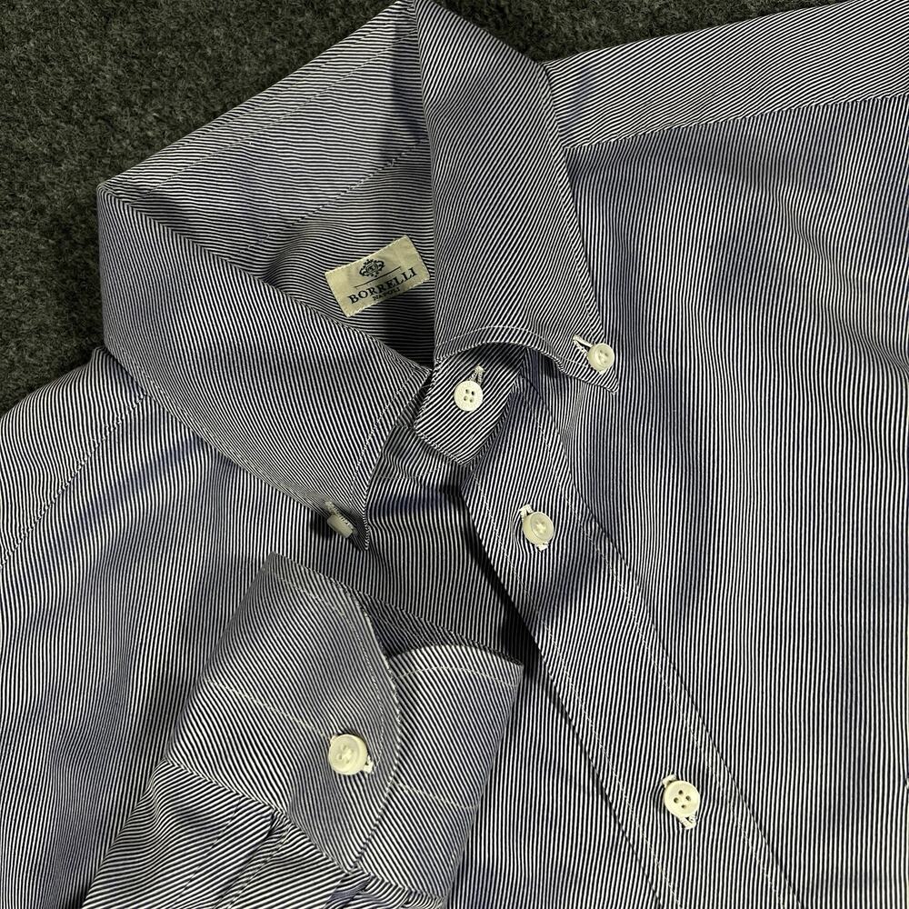 Luigi Borrelli Napoli 42/16.5 Blue White Stripe Cotton Dress Shirt Italy